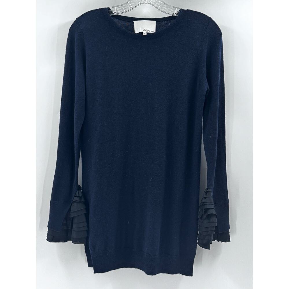 3.1 Philip Lim Designer Coquette Navy Blue Black Ruffle Cuff Sweater Small Round